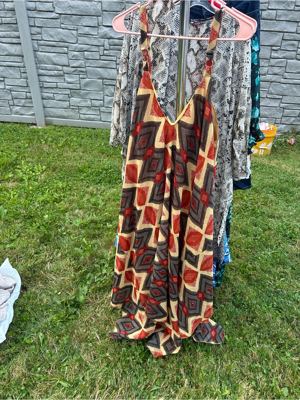 Mlle Gabrielle Geometric V-Neck Maxi Dress in Rust, Brown and Cream